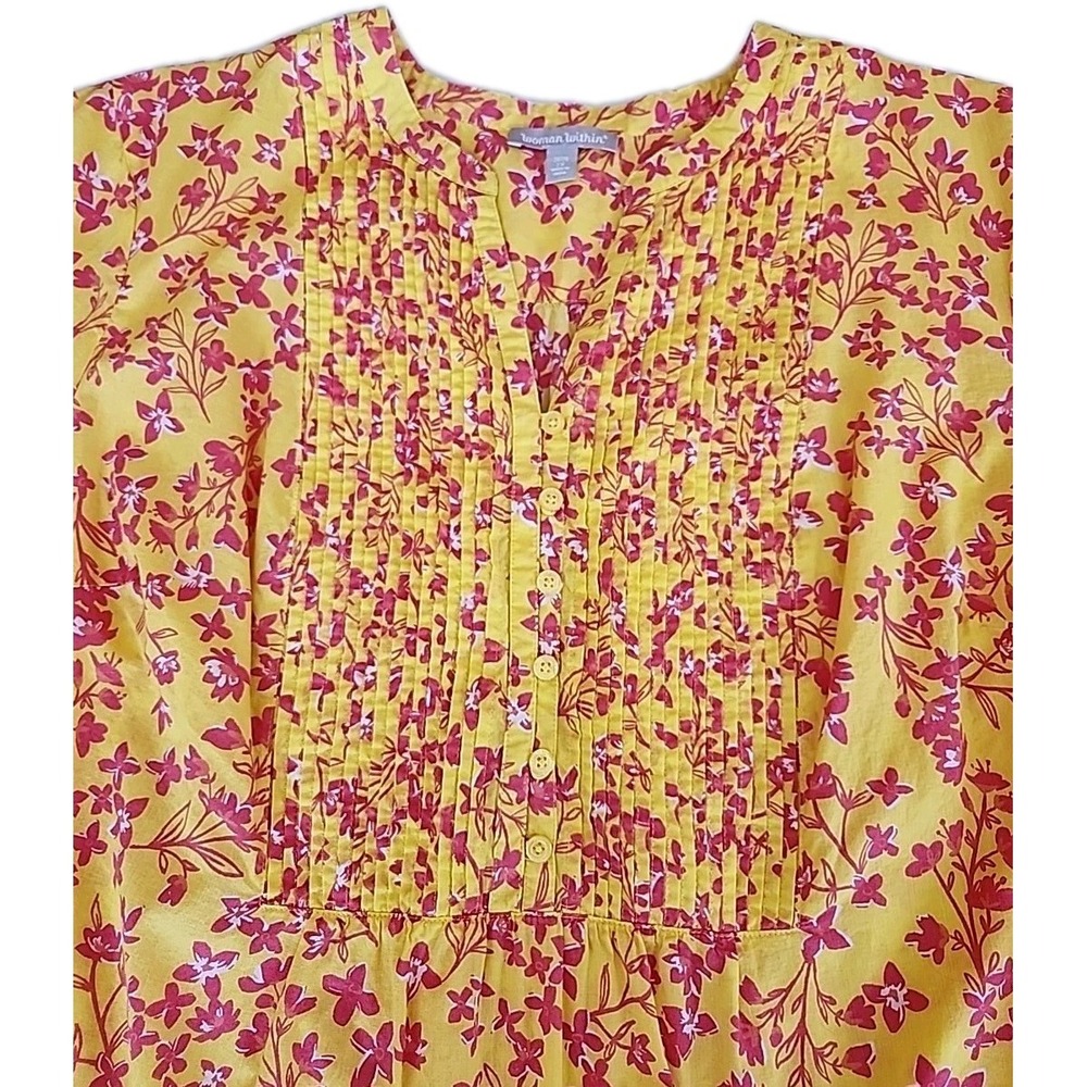Woman Within Top Pintuck Floral VNeck Tunic 2X Vibrant Cotton Resort Boho Casual
